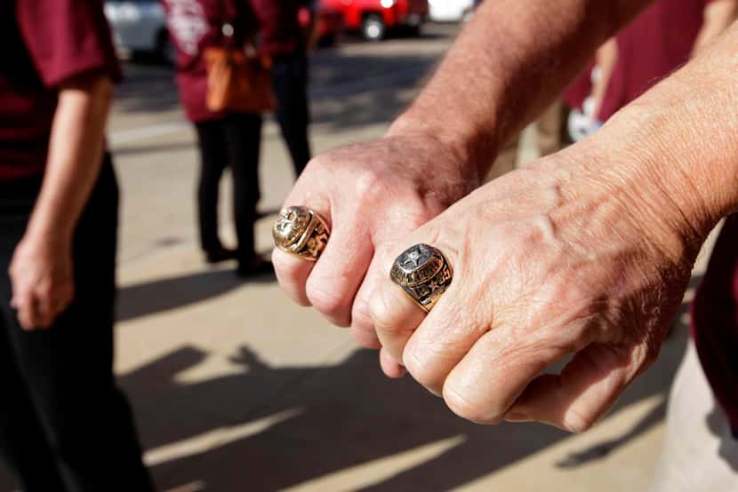 
Close-up view of the Plano High School class of 1965 rings.

