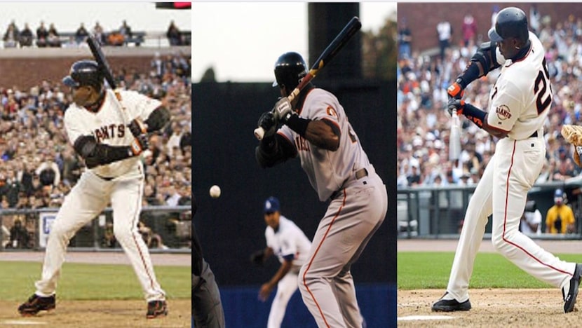 Photo collage featuring three shots of former MLB player Barry Bonds exhibiting proper...