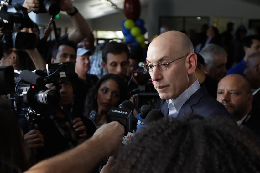NBA commissioner Adam Silver answers questions from media at the new NBA Cares Learn & Play...