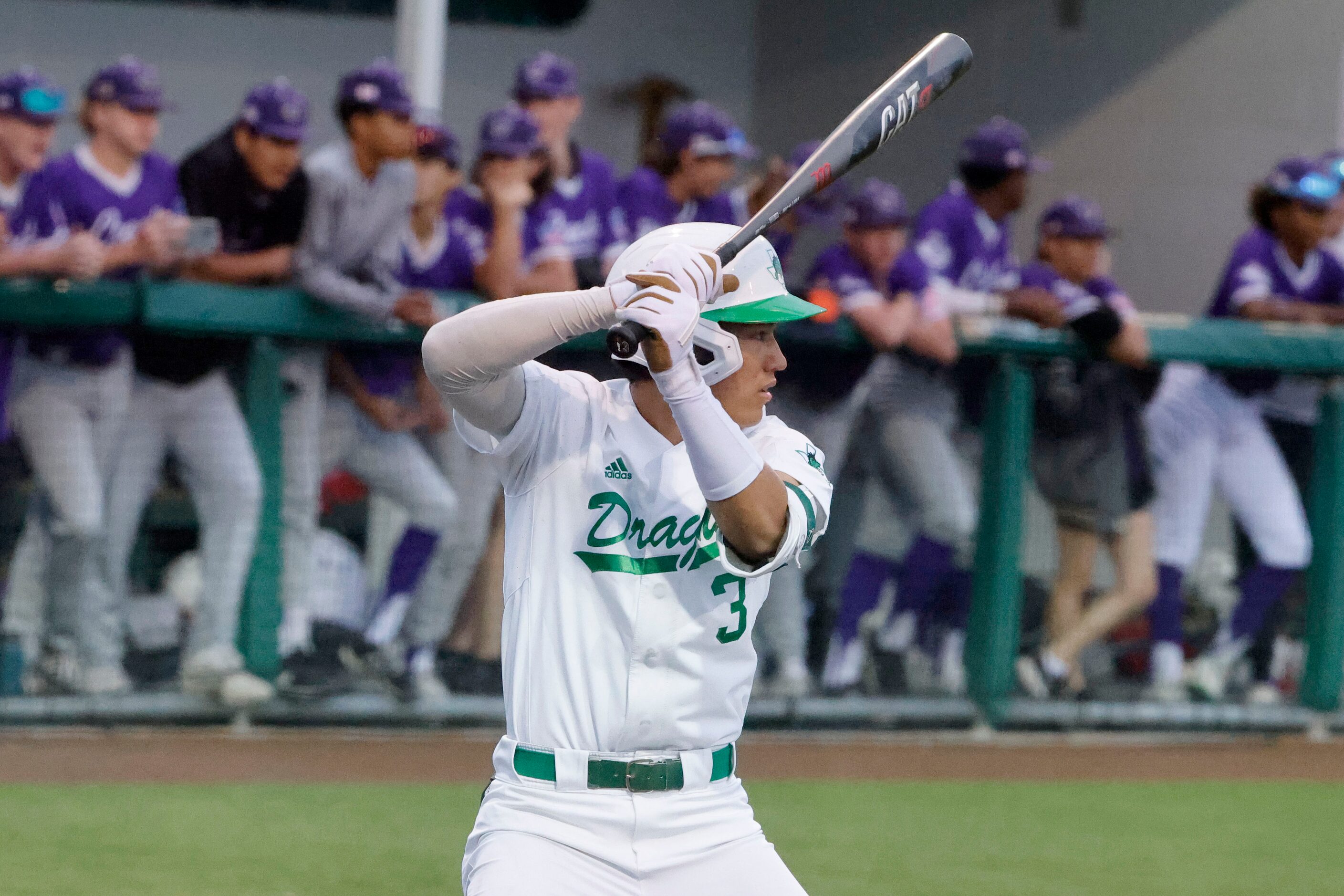 Southlake Carroll’s Max Reyes bats against Keller Timber Ridge during the first inning of a...