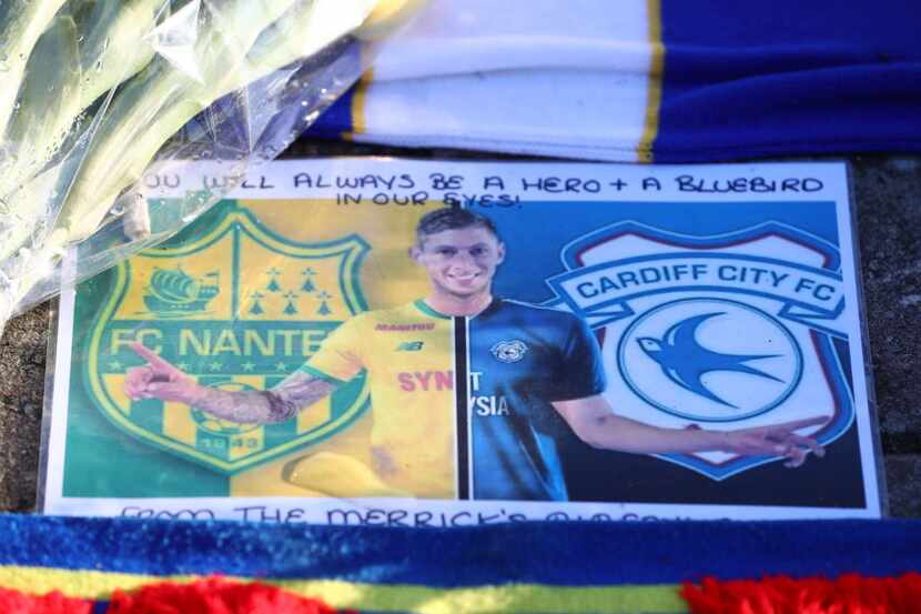 CARDIFF, WALES – FEBRUARY 02:  Tributes to Emiliano Sala are seen outside the stadium prior...