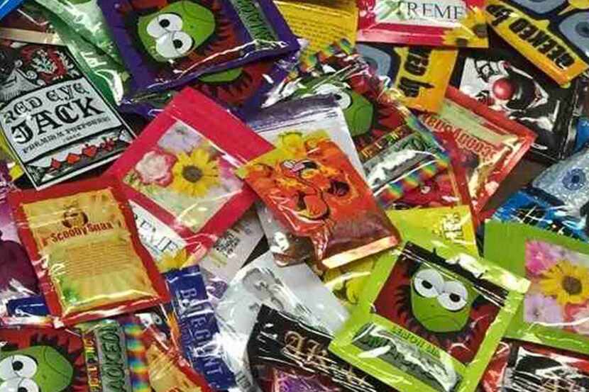 Packets of synthetic marijuana, known as K2, are displayed in New York after they were...