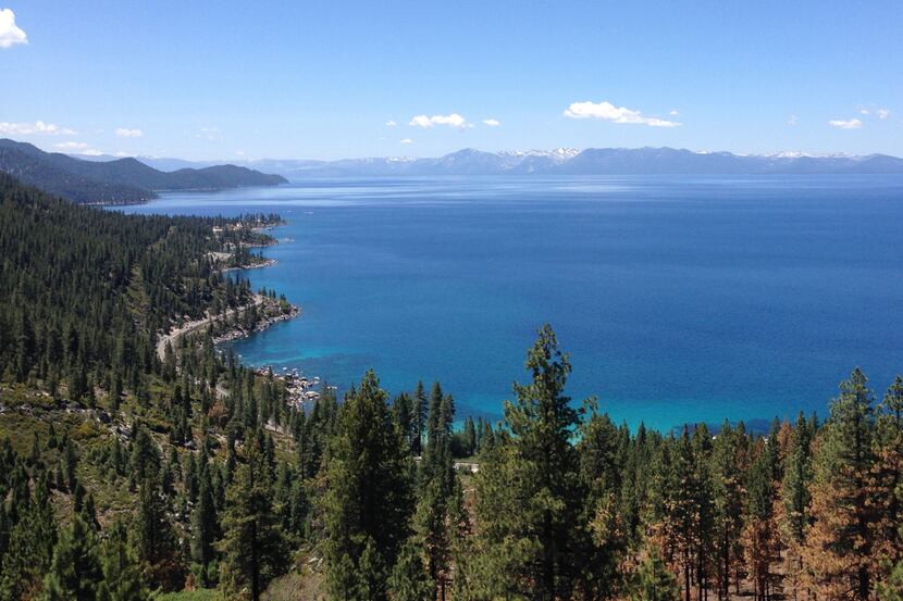 A view of Lake Tahoe with cool blue waters, with mountains in the distance surrounded by trees.