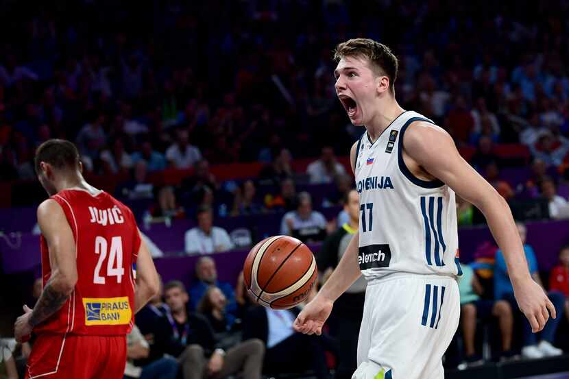 FILE - Slovenia guard Luka Doncic (right) is pictured during the 2017 FIBA EuroBasket men's...