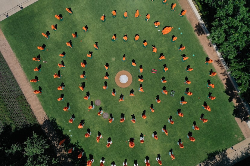 A drone view of 107 of the statues assembled for the #IfThenSheCan – The Exhibit in the...