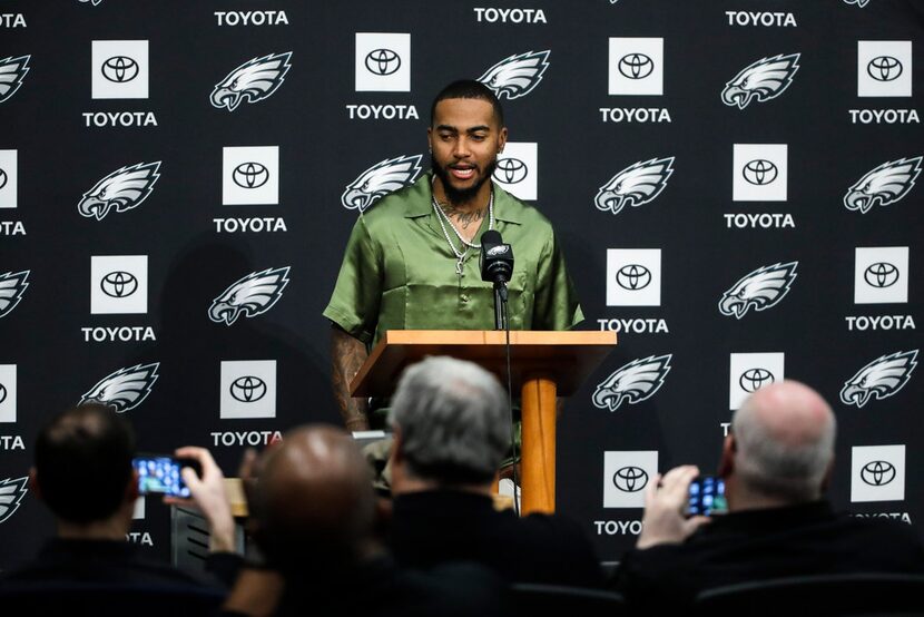 Philadelphia Eagles' DeSean Jackson speaks with members of the media during a news...