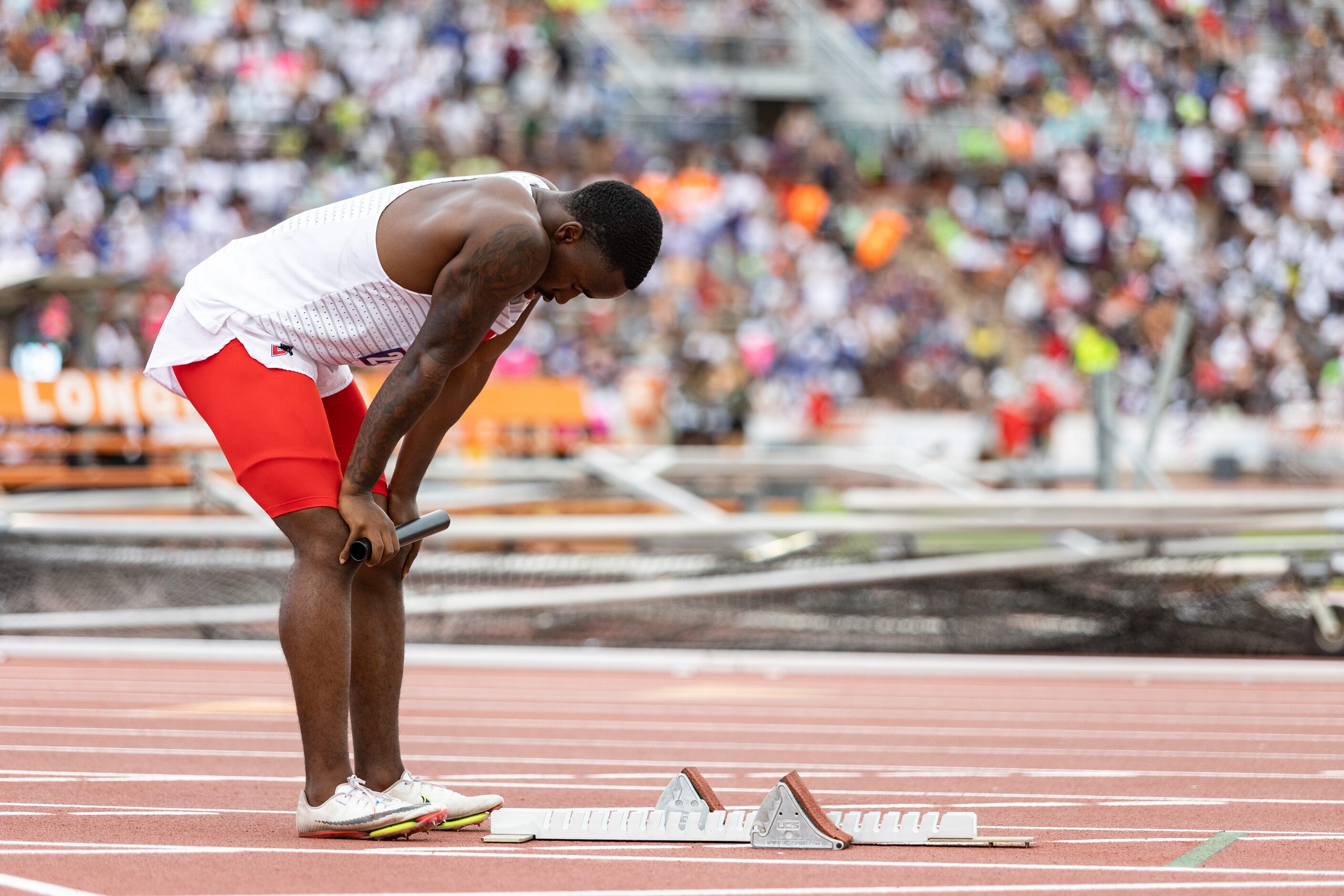 Chris Hicks of Duncanville prepares to race in the boys’ 4x200-meter relay at the UIL Track...