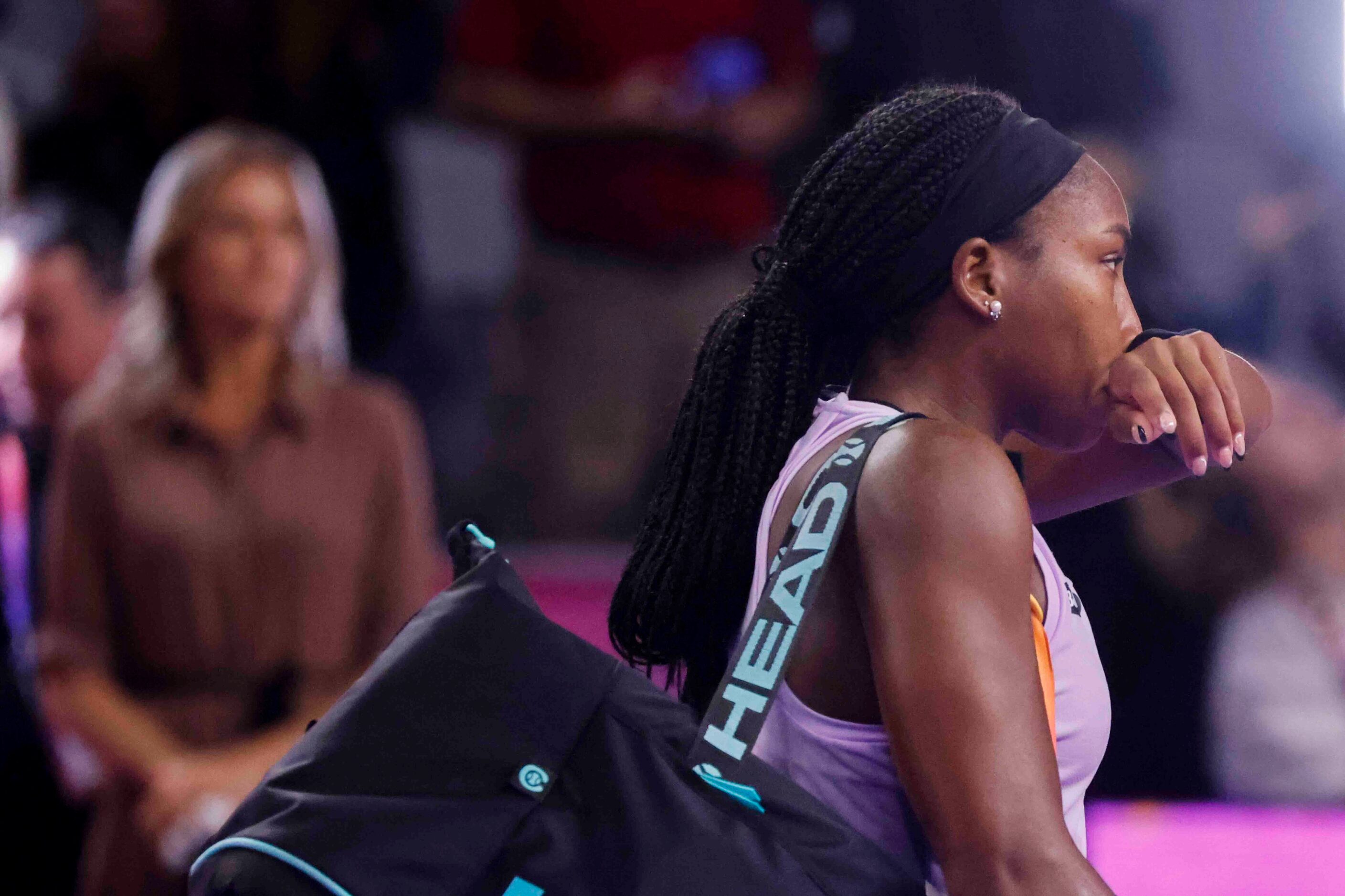 Coco Gauff of the USA leaves the court after her loss to Caroline Garcia of France on day...