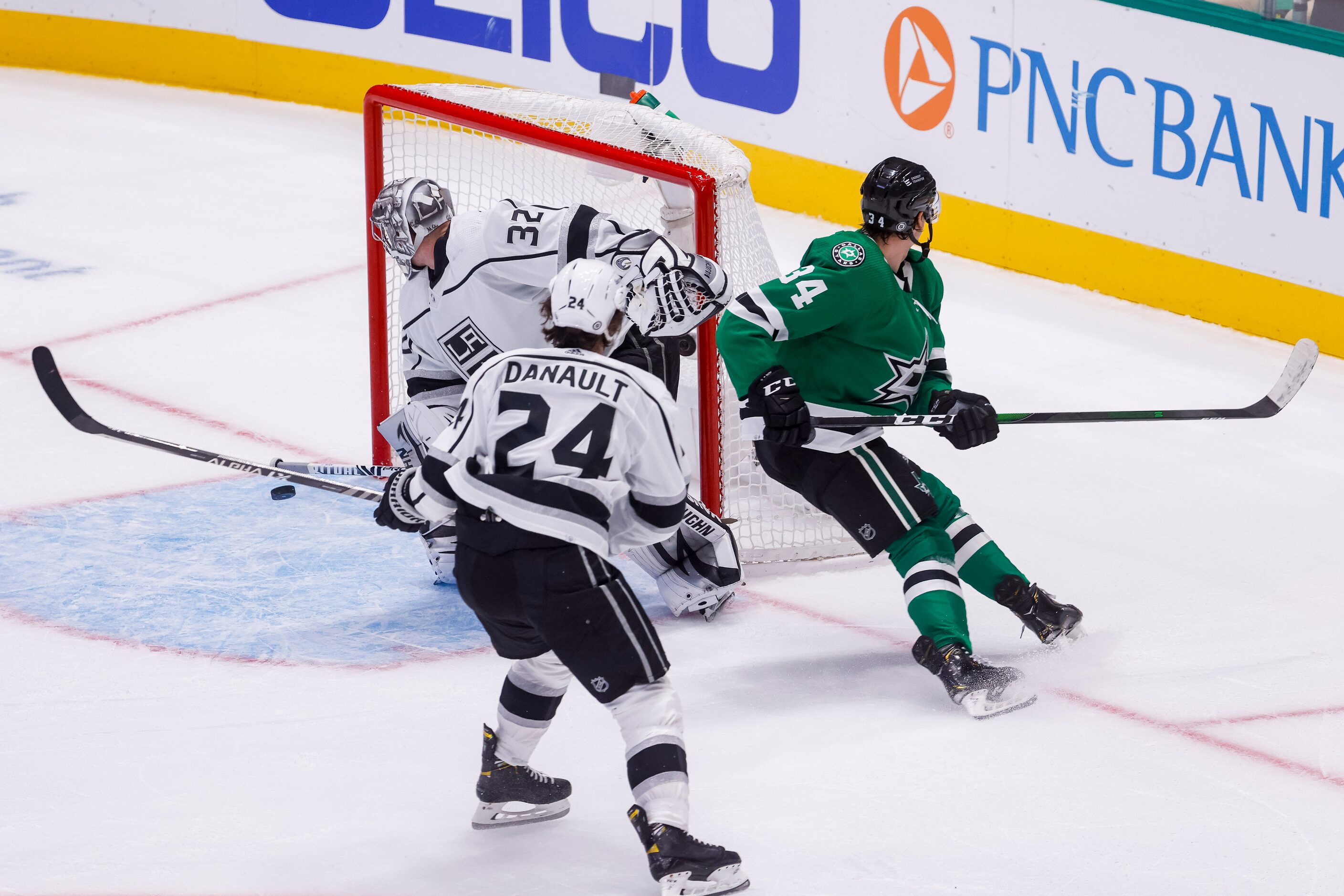 Dallas Stars right wing Denis Gurianov (34) skates away after hitting the game score puck...