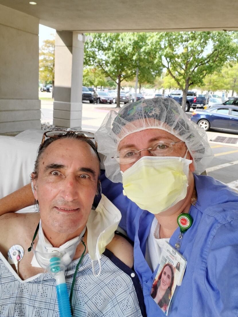 Ceasar Ronavez and his ICU nurse Celeste Giannelli pose for a photo. Ronavez spent more than...