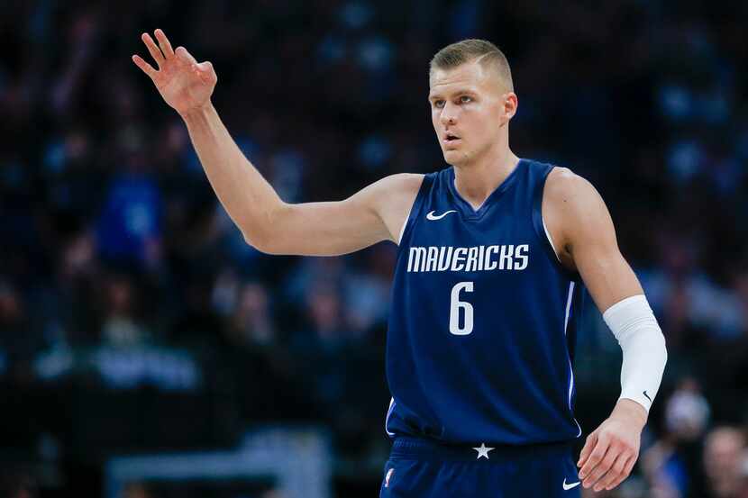 Kristaps Porzingis (6) celebrates a play during the second quarter of an NBA game between...