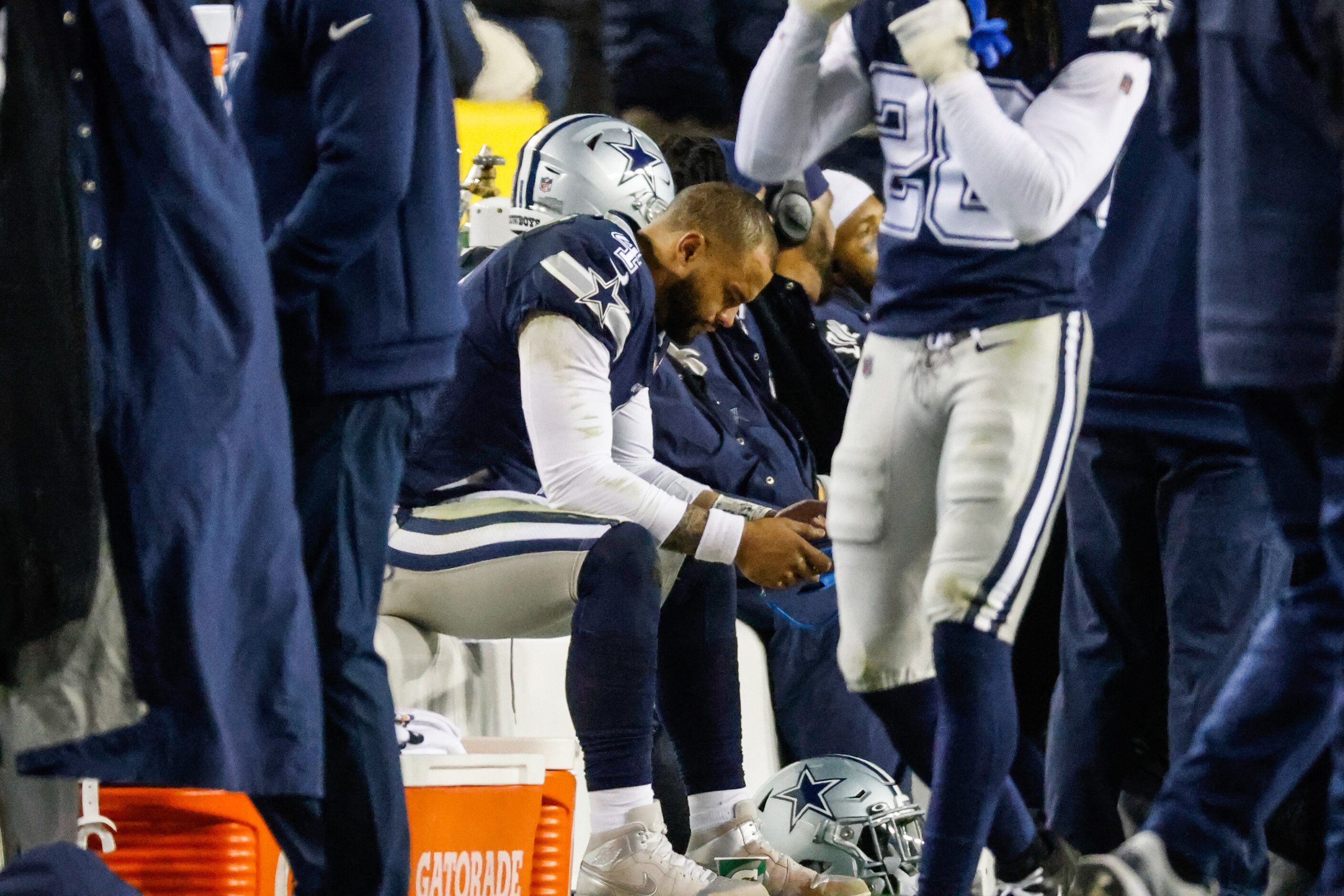 Dallas Cowboys quarterback Dak Prescott (4) on the sideline during the second half of the...