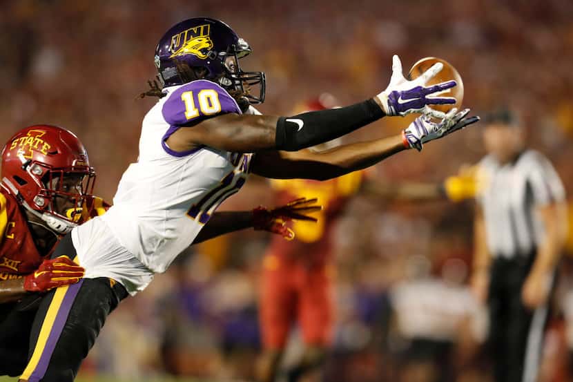 AMES, IA - SEPTEMBER 2: Wide receiver Daurice Fountain #10 of the Northern Iowa Panthers...