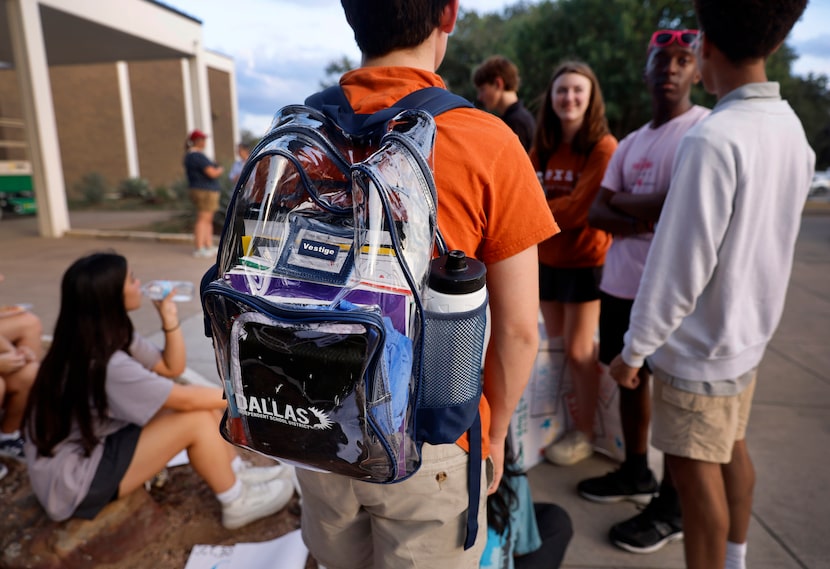 A student from Woodrow Wilson High wears a clear backpack in Dallas, October 30, 2024.