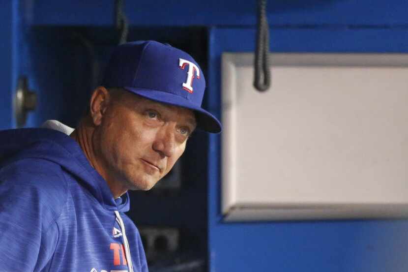 Texas Rangers manager Jeff Banister (28) is pictured in the dugout during Game 5 of the ALDS...