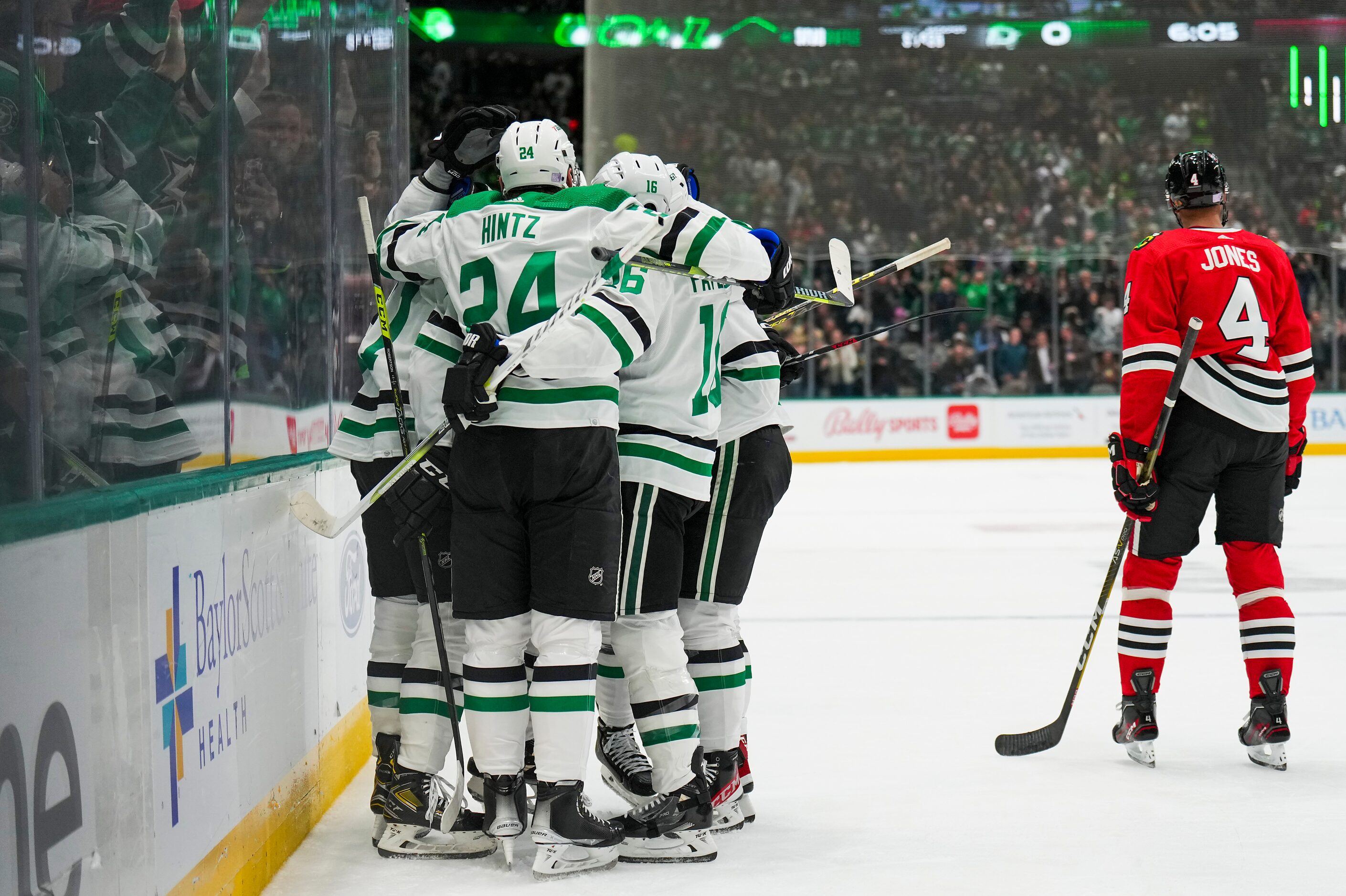 Dallas Stars center Joe Pavelski (16) and center Roope Hintz (24) join left wing Jason...