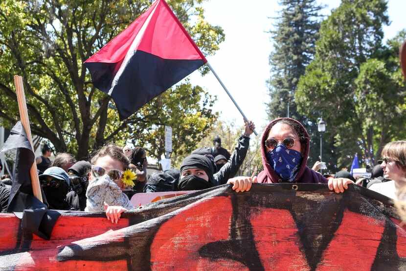 Antifa members and counterprotesters gather during a No-To-Marxism rally in August in...