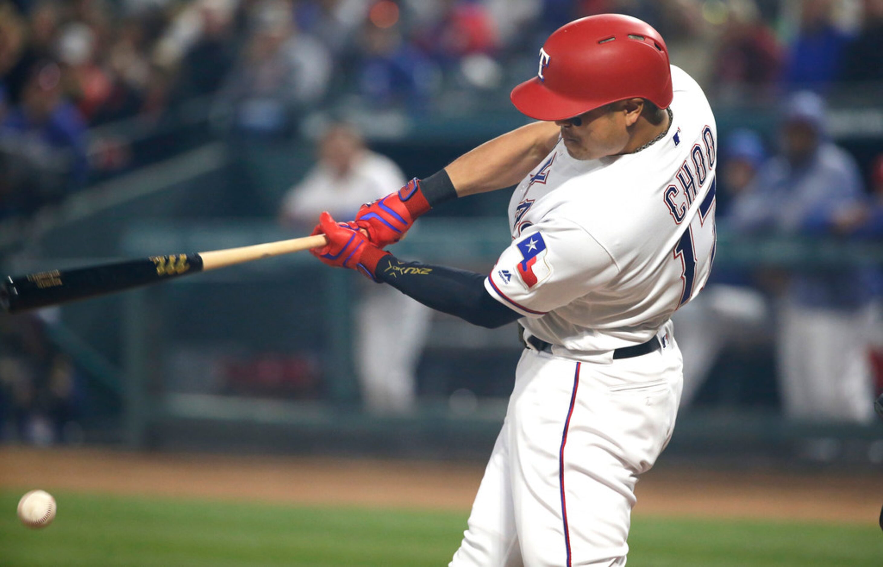 ARLINGTON, TX - APRIL 1: Shin-Soo Choo #17 of the Texas Rangers grounds out against the...