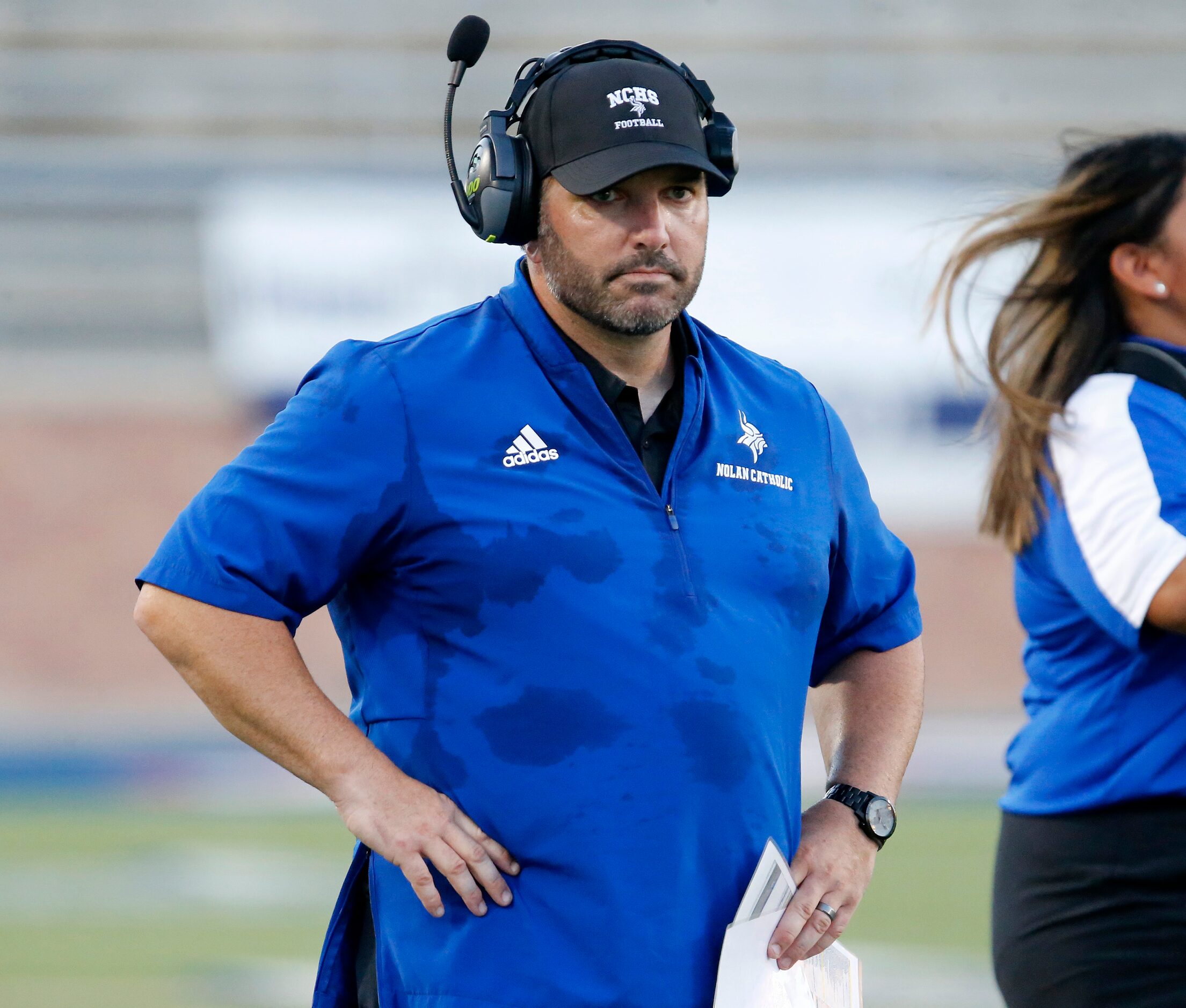 Nolan Catholic High School head coach David Beaudin waits for a play to begin during the...