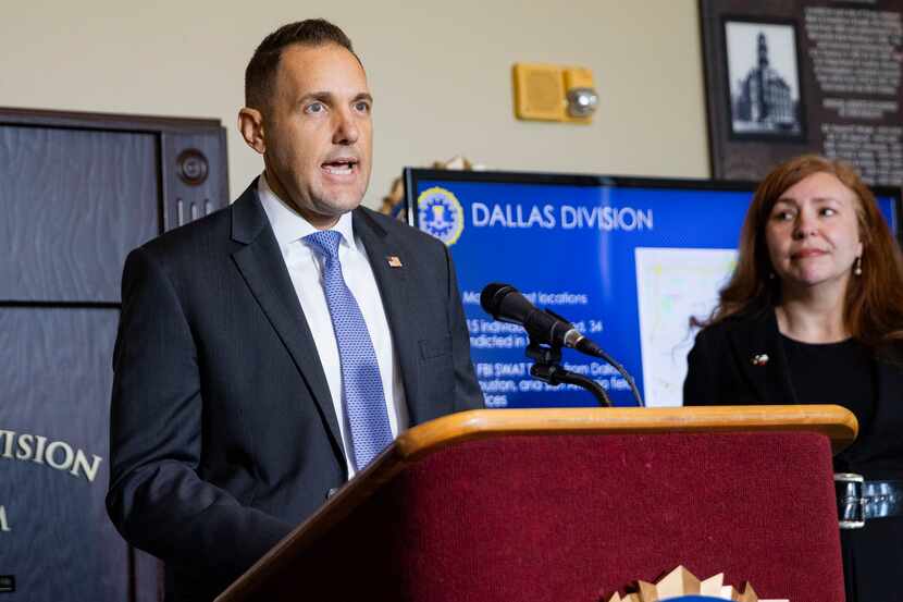 (From left) Chad Yarbrough, special agent in charge of FBI Dallas, speaks as Leigha...