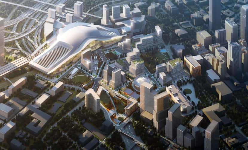 A March 2022 rendering showed a boomerang-shaped convention center bridging I-30. 