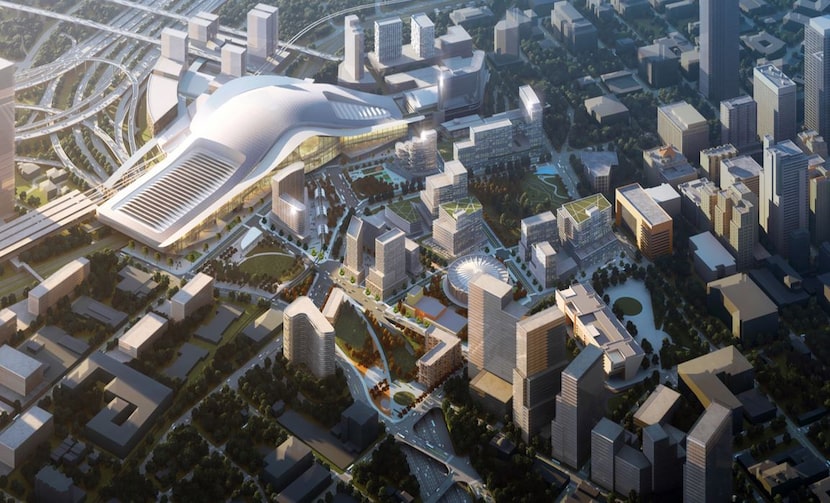 A rendering shows a proposed new downtown Dallas convention center built on the west side of...