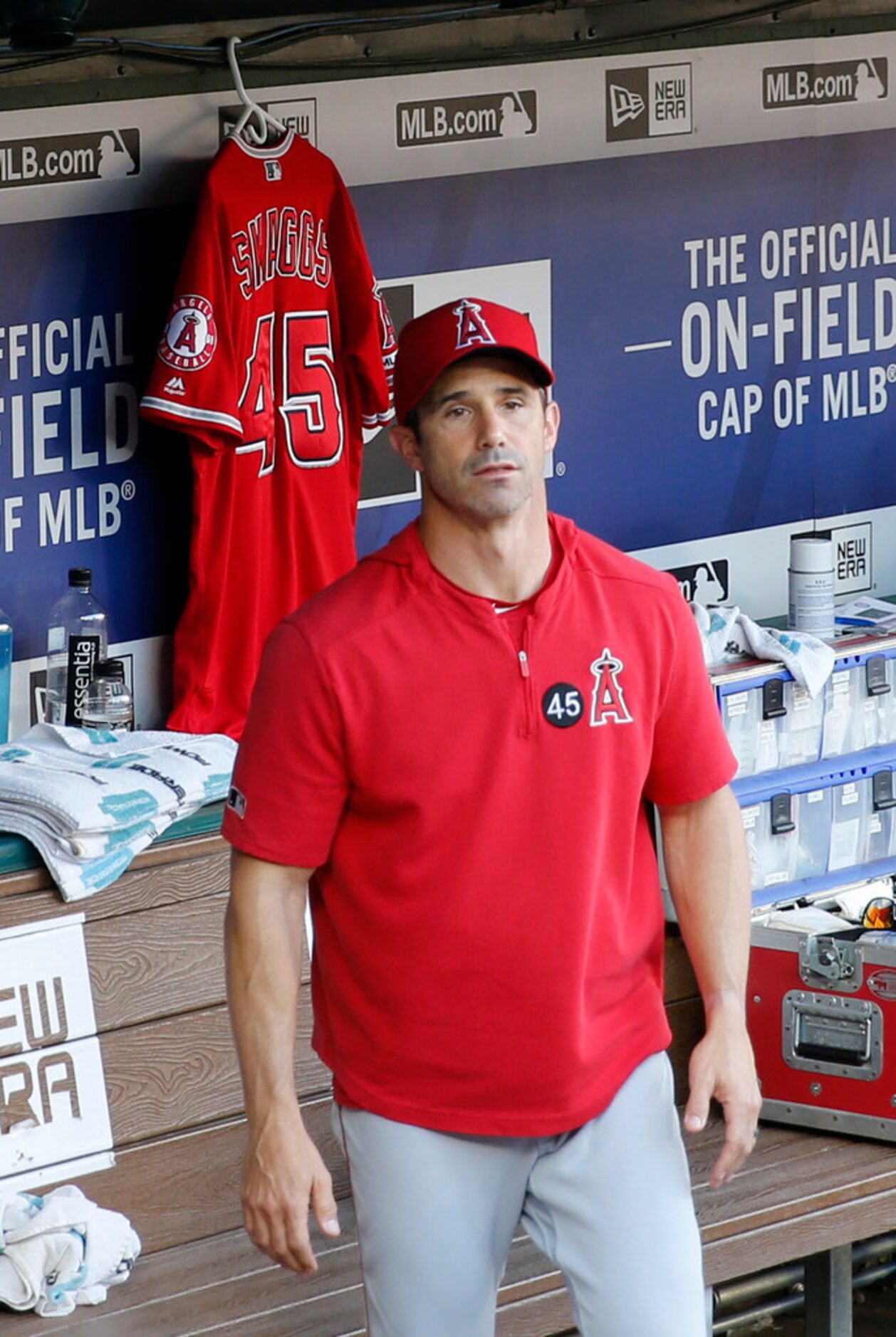 Los Angeles Angels manager Brad Ausmus next to Los Angeles Angels Tyler Skaggs jersey hung...