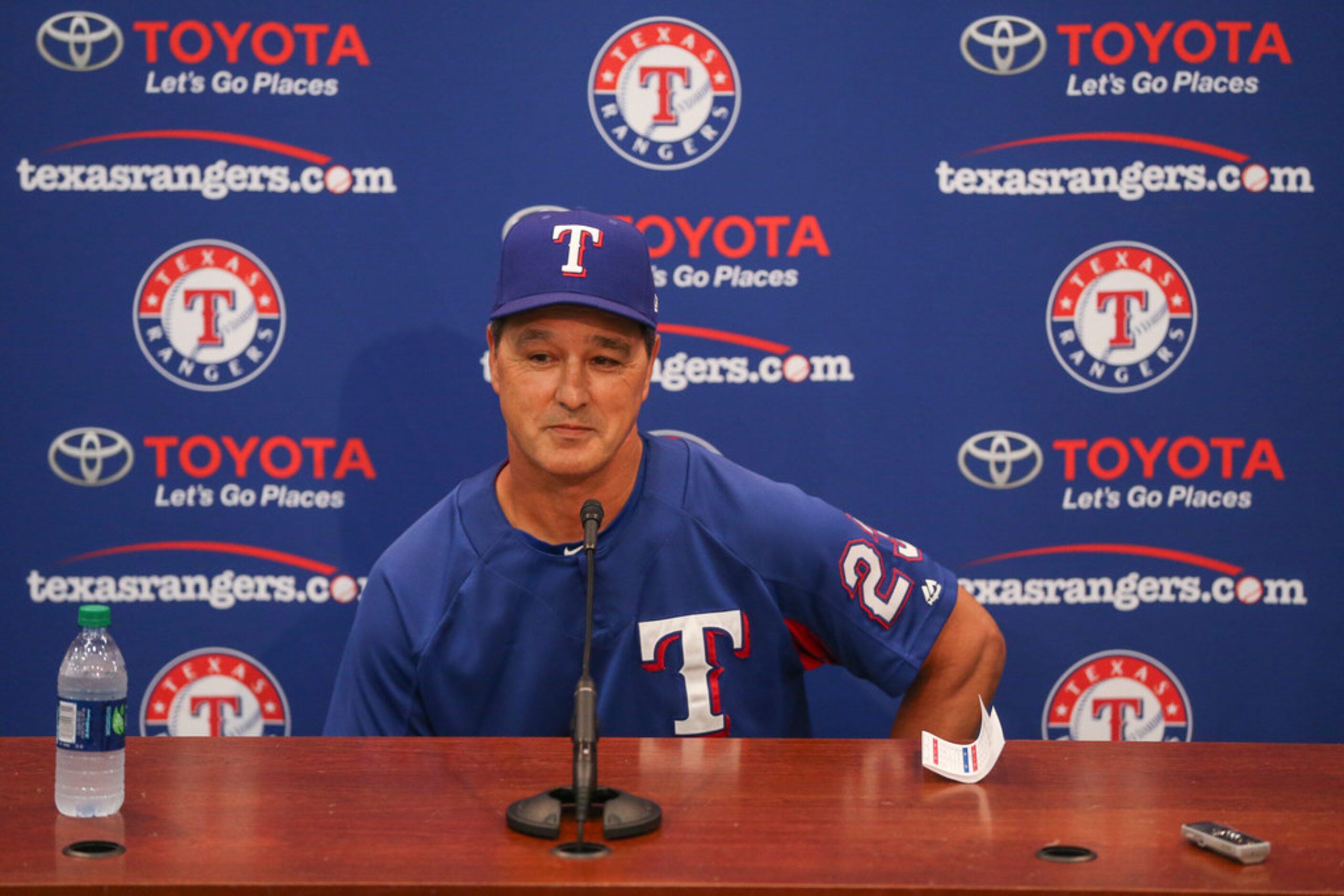 Don Wakamatsu, who has been named interim manager of the Texas Rangers, addresses members of...