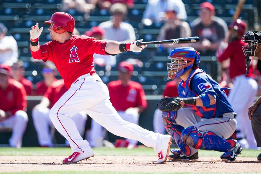 TEMPE, AZ - MARCH 10: Daniel Robertson #44 of the Los Angeles Angels bats against the Texas...
