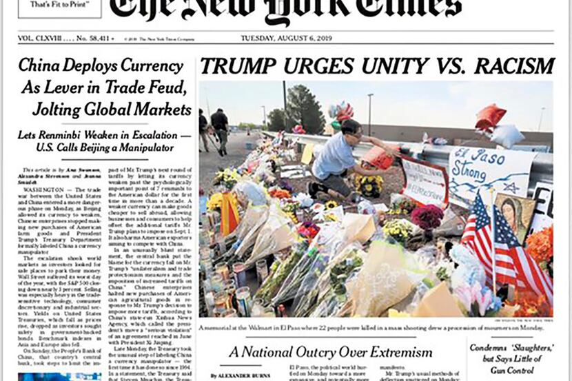 This image shows a tweeted version of The New York Times front page for Tuesday, Aug. 6,...