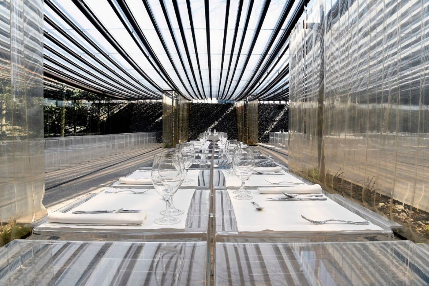 This dining room of the restaurant "les Cols" in Olot, Spain, was designed by prize-winning...