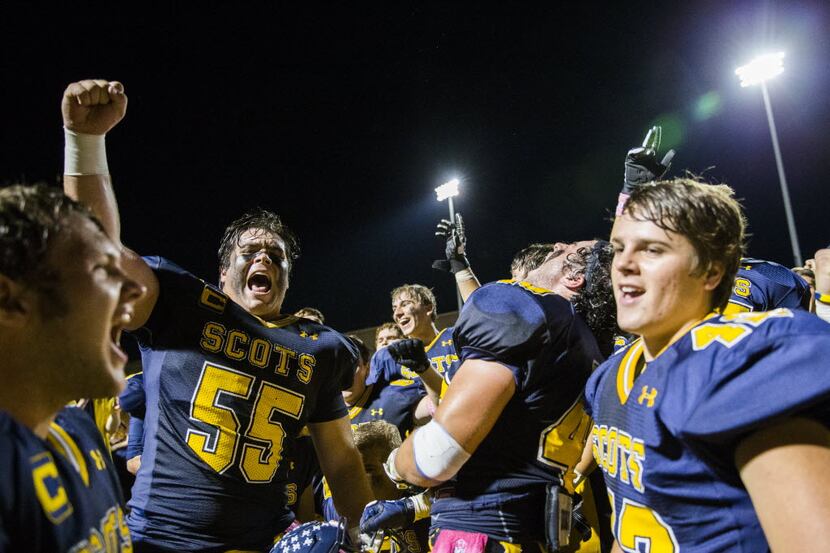 Highland Park celebrates a 24-17 win over Mesquite Horn after their game on Friday, October...