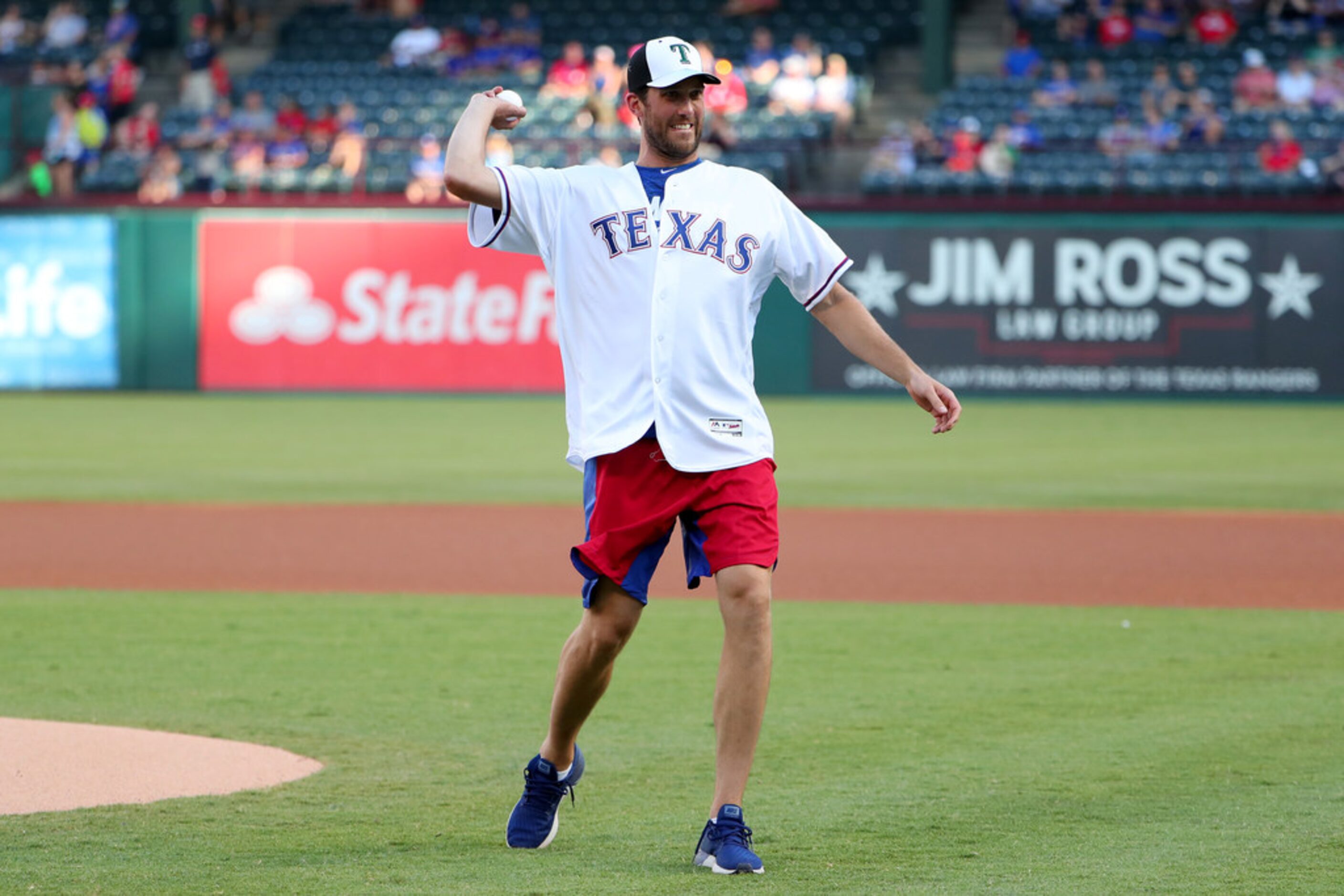 ARLINGTON, TEXAS - JULY 17: Ben Bishop of the Dallas Stars throws out the ceremonial first...