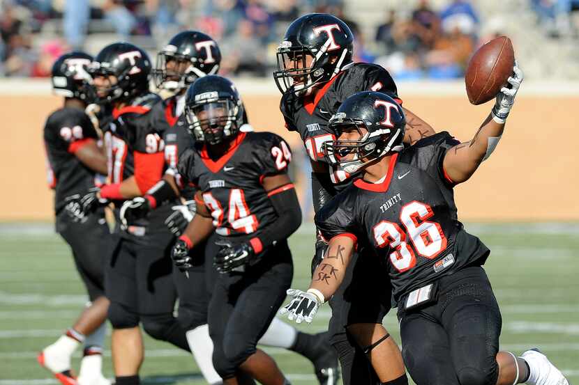 Euless Trinity outside linebacker Sio Kautai (36) celebrates after recovering a fumble in...