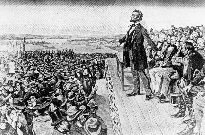 President Abraham Lincoln is depicted in an undated illustration delivering his Gettysburg...