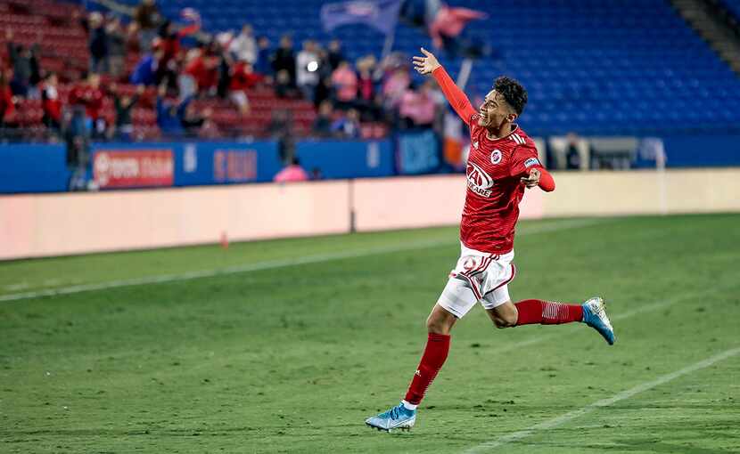 Ricardo Pepi celebrates his first goal against Forward Madison in the North Texas SC playoff...