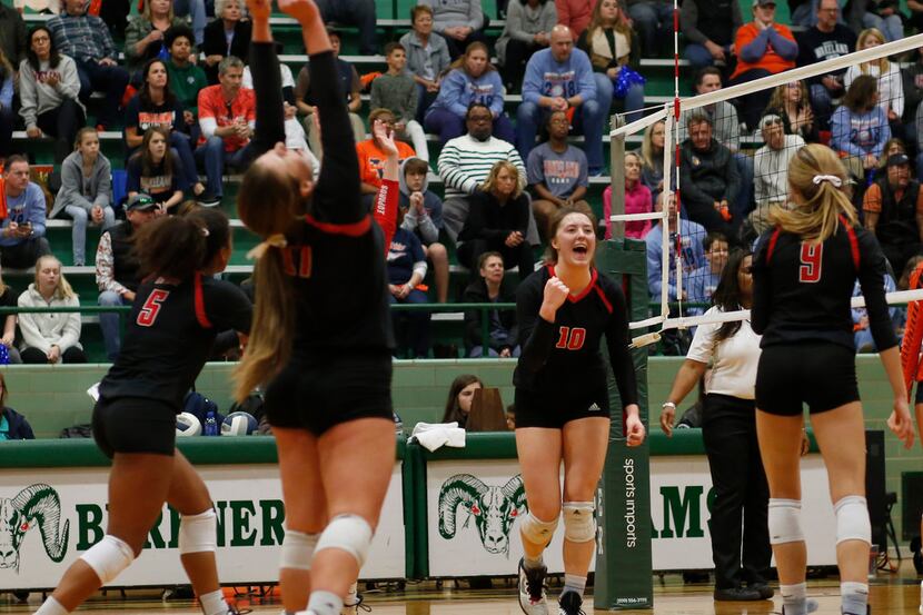 Lovejoy outside hitter Madison Waters (10) pumps her fist after scoring a point during the...