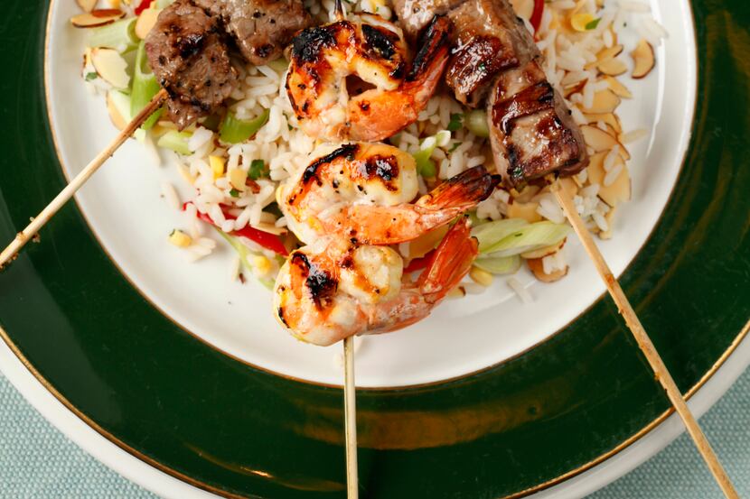 Steak, shrimp and chicken kebabs along with a boil-in-a-bag rice make a good hurry-up dinner...