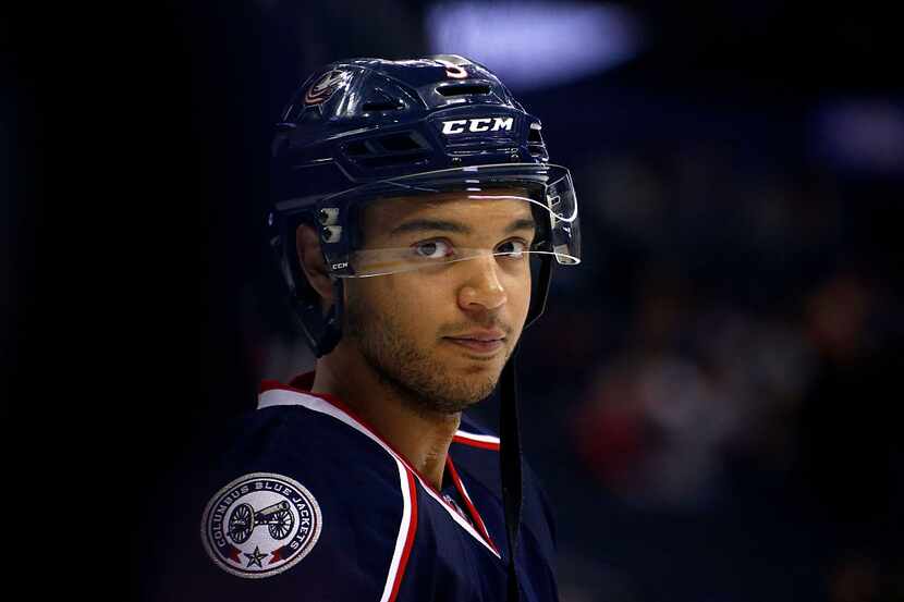 COLUMBUS, OH - NOVEMBER 23:  Seth Jones #3 of the Columbus Blue Jackets warms up prior to...