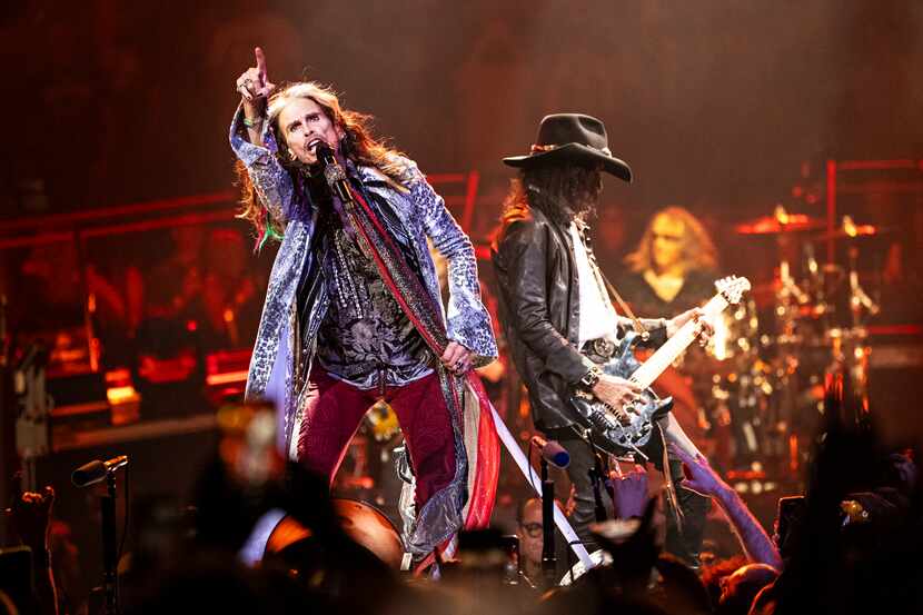 Steven Tyler, left, and Joe Perry of Aerosmith perform during night one of their "Peace Out:...