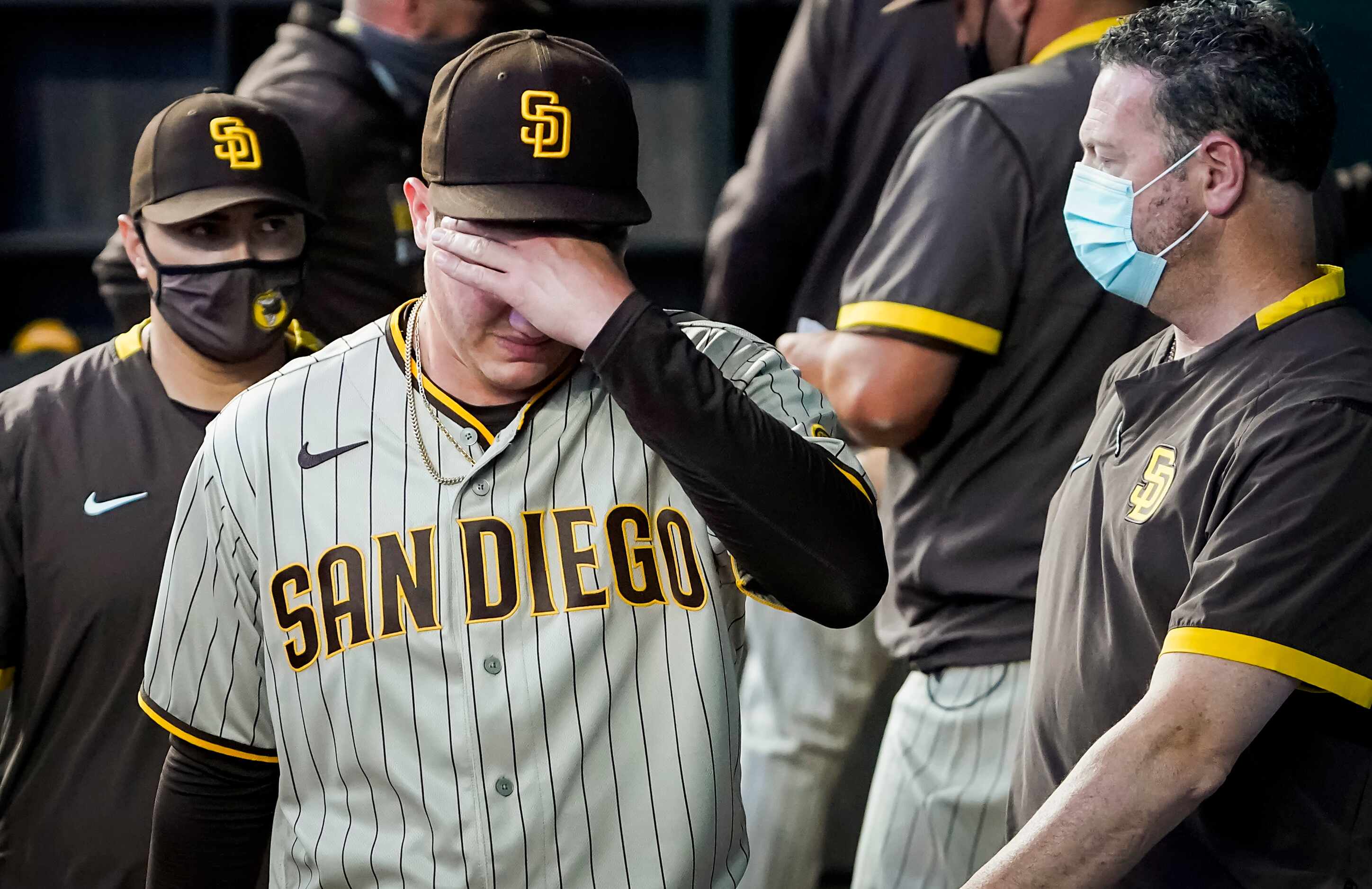 San Diego Padres starting pitcher Adrian Morejon leaves the game due to injury during the...