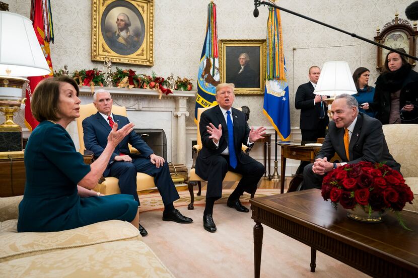President Donald Trump and Vice President Mike Pence meet with House Minority Leader Nancy...