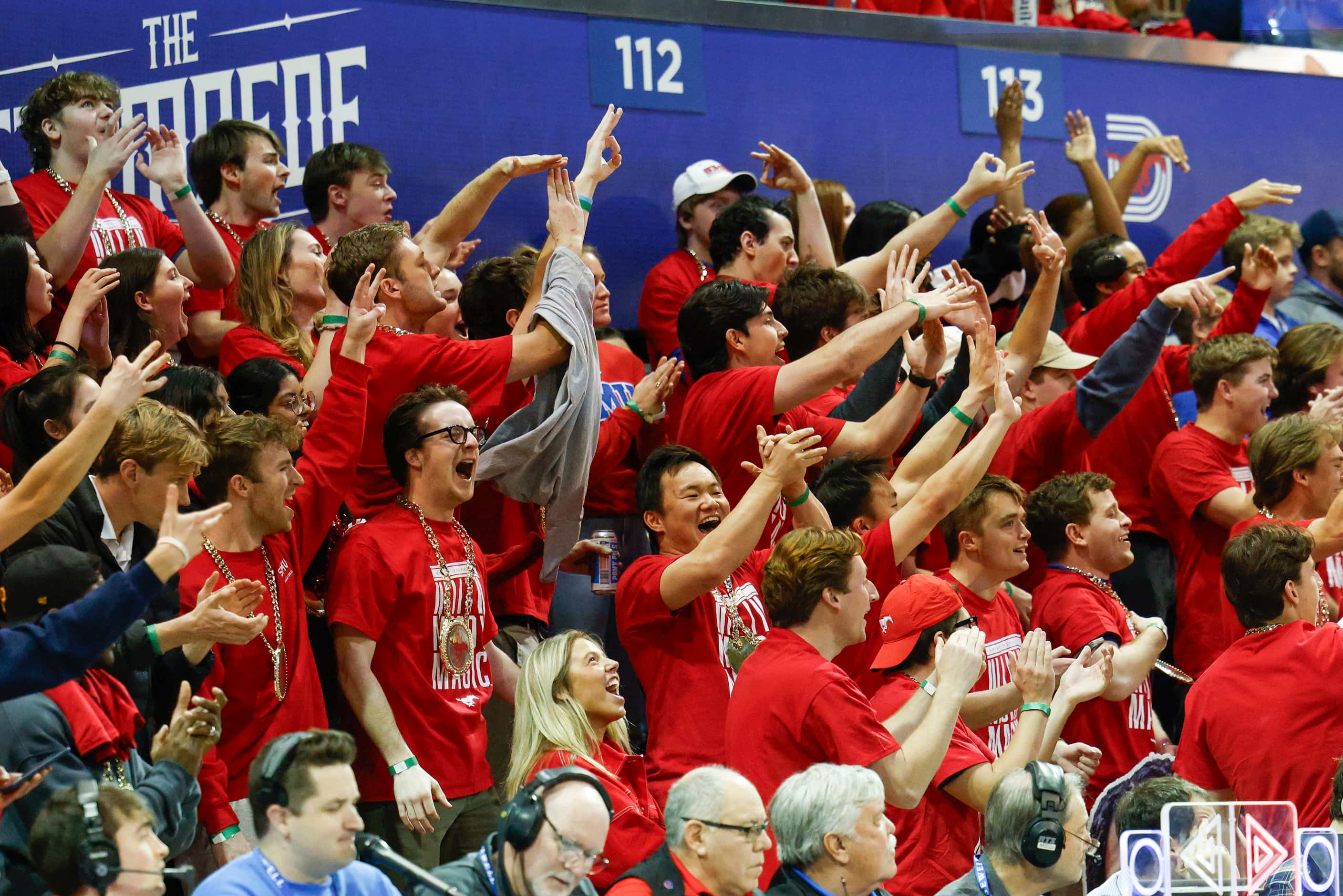 SMU students cheer during the first half of an NCAA basketball game against Memphis, Sunday,...