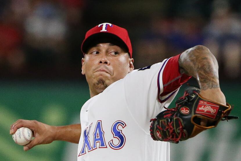 Texas Rangers relief pitcher Keone Kela (50) pitches during a Major League Baseball game...