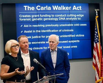 Terry White, granddaughter of Mary Hague Kelly speaks during a news conference at University...