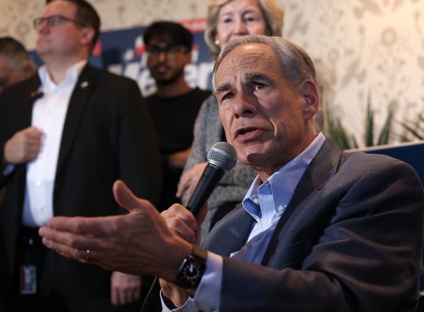 Texas Gov. Greg Abbott speaks in support of Republican state Rep. Morgan Meyer during a...