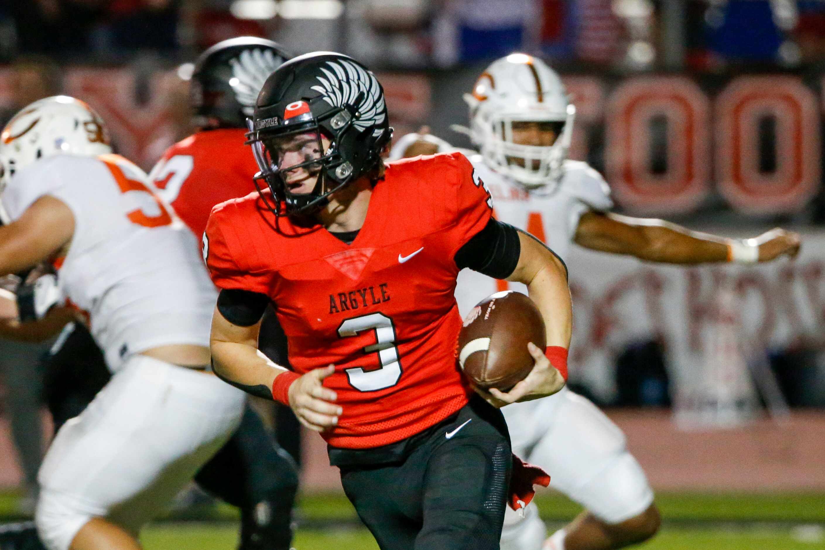Argyle quarterback Jacob Robinson (3) scrambles from the pocket during the second half of a...