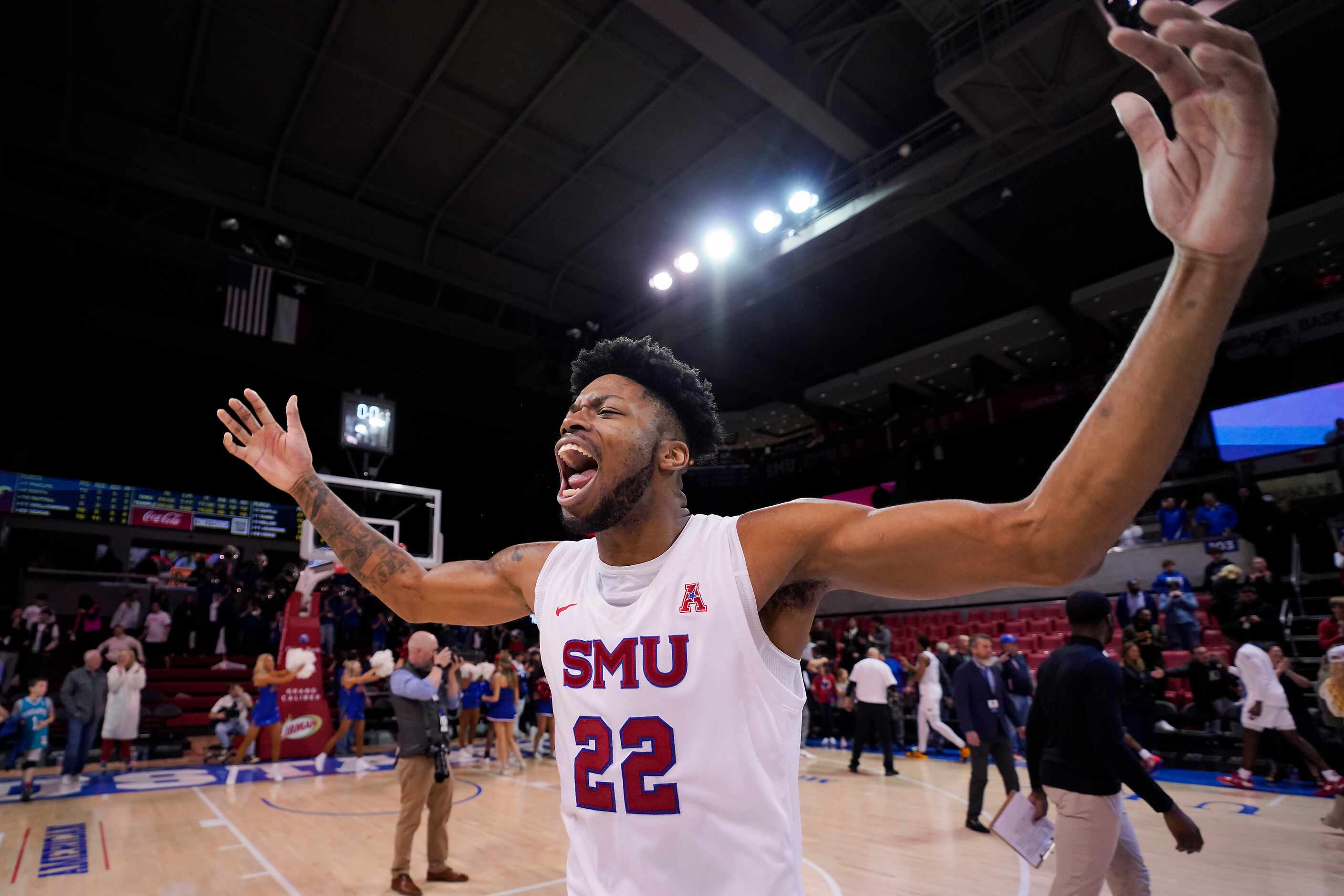 SMU forward Keon Ambrose-Hylton (22) celebrates after a 72-71victory over Temple in an NCAA...
