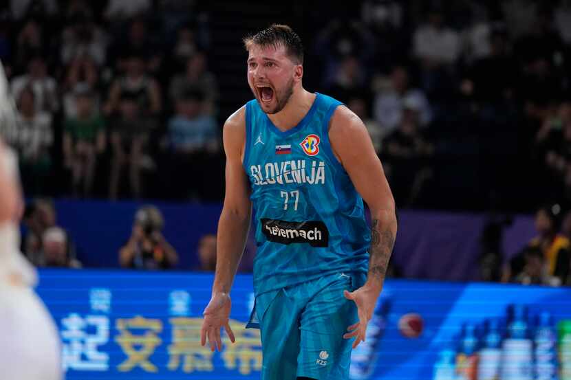 Slovenia guard Luka Doncic (77) reacts during the first half of a Basketball World Cup Group...