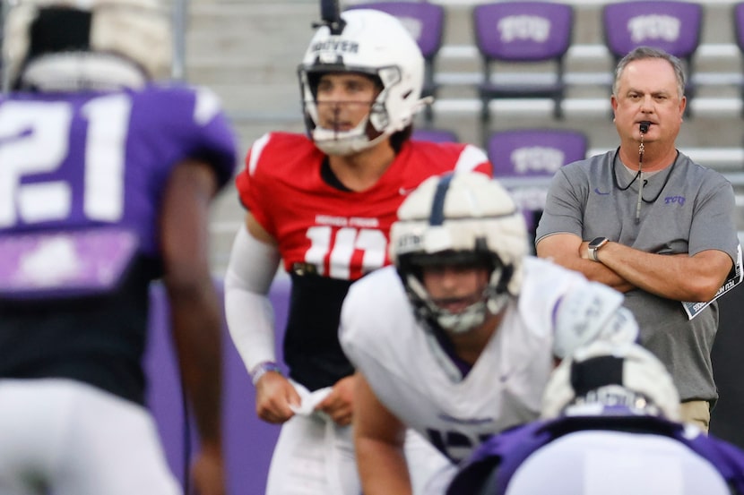 Texas Christian University head coach Sonny Dykes follows a team practice, on Friday, Aug....